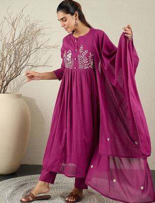 Women Floral Embroidered Cotton Anarkali Kurta with Trousers & Dupatta 3