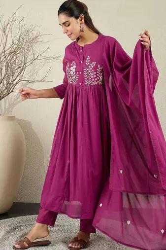 Women Floral Embroidered Cotton Anarkali Kurta with Trousers & Dupatta
