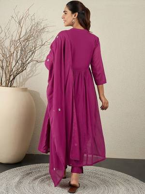 Women Floral Embroidered Cotton Anarkali Kurta with Trousers & Dupatta 4