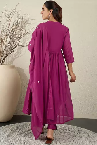 Women Floral Embroidered Cotton Anarkali Kurta with Trousers & Dupatta