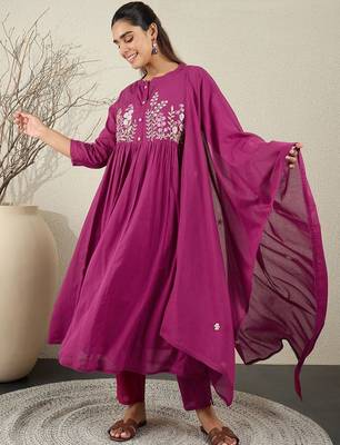 Women Floral Embroidered Cotton Anarkali Kurta with Trousers & Dupatta 5