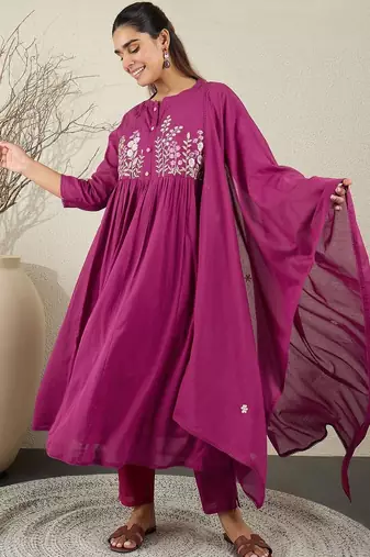 Women Floral Embroidered Cotton Anarkali Kurta with Trousers & Dupatta