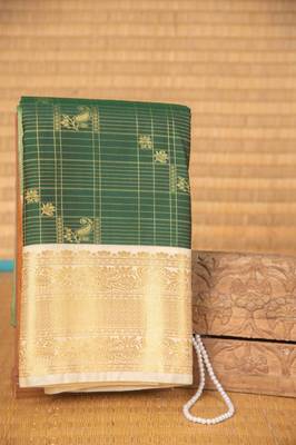Bottle green zari kattam semi silk saree with blouse 1