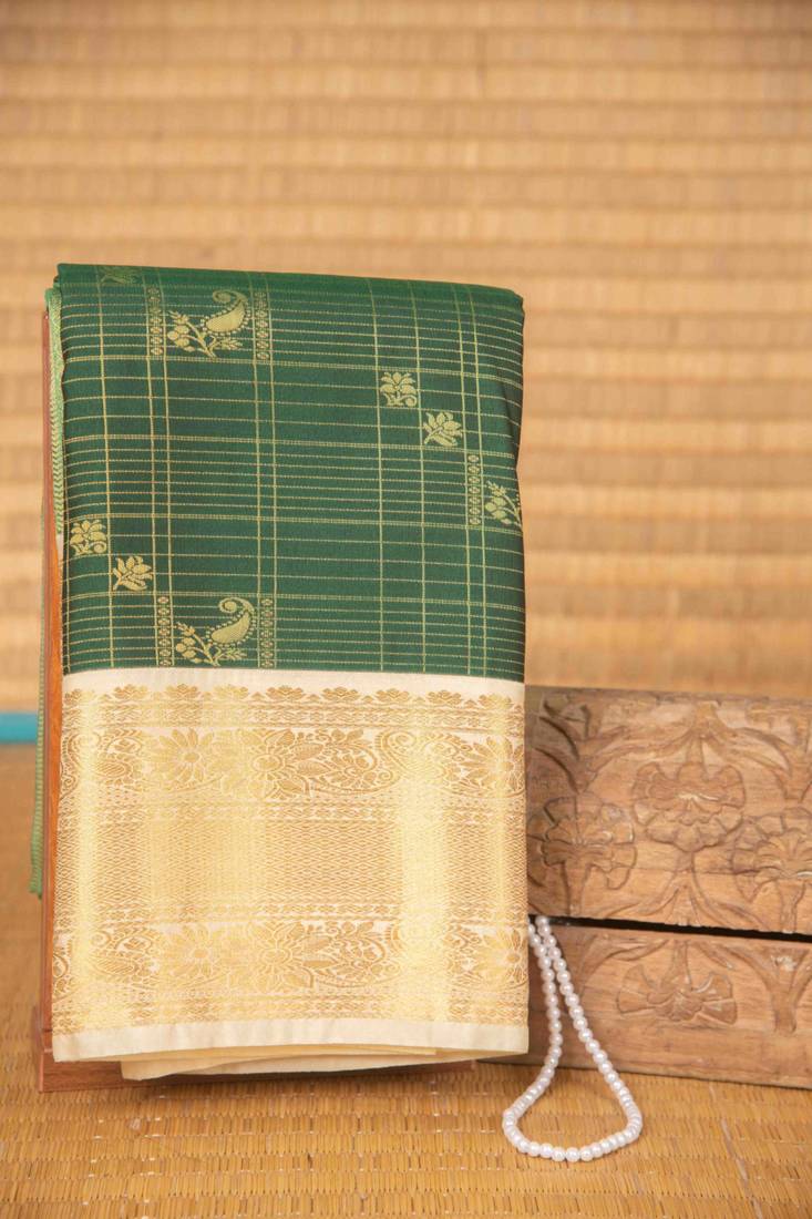 Bottle green zari kattam semi silk saree with blouse