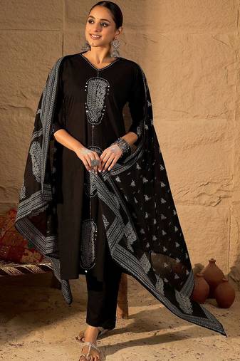Women Ethnic Motifs Embroidered Cotton Kurta with Trousers & Dupatta