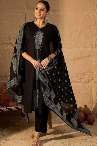 Women Ethnic Motifs Embroidered Cotton Kurta with Trousers & Dupatta