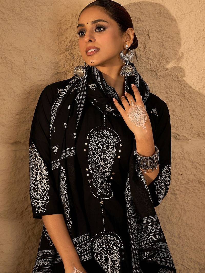 Women Ethnic Motifs Embroidered Cotton Kurta with Trousers & Dupatta