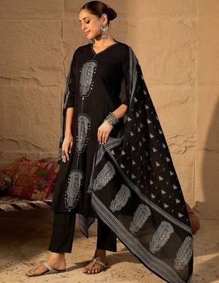 Women Ethnic Motifs Embroidered Cotton Kurta with Trousers & Dupatta 3