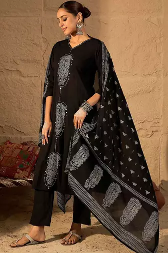 Women Ethnic Motifs Embroidered Cotton Kurta with Trousers & Dupatta