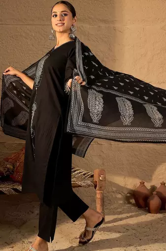 Women Ethnic Motifs Embroidered Cotton Kurta with Trousers & Dupatta