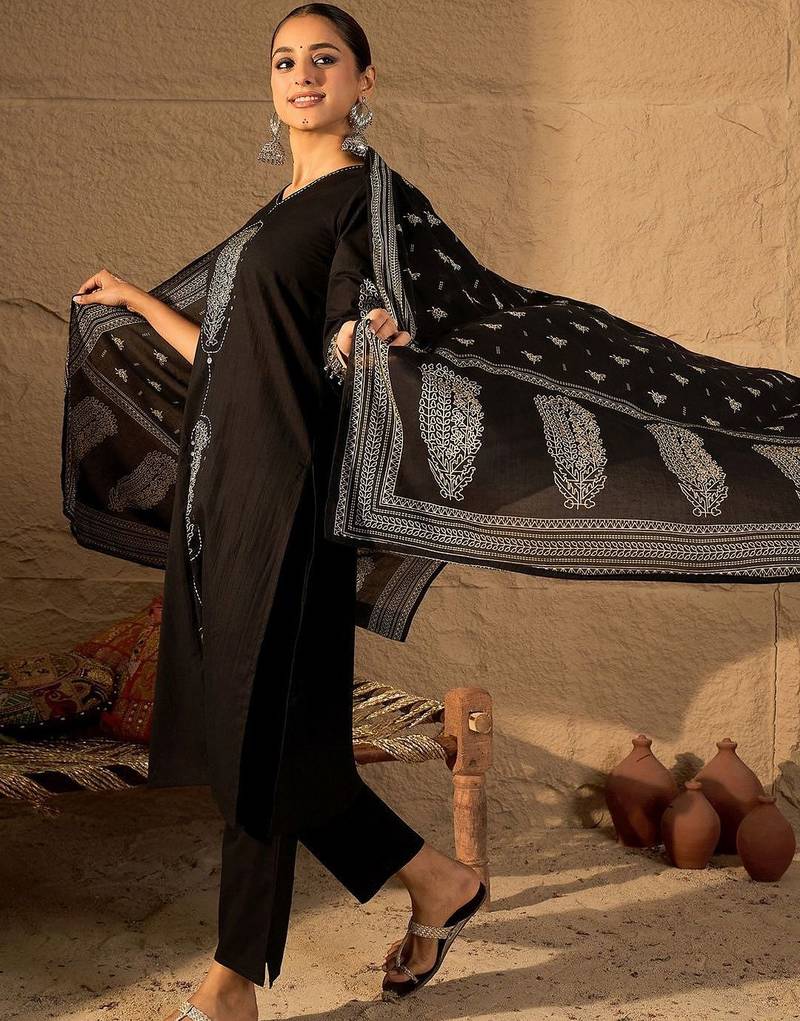 Women Ethnic Motifs Embroidered Cotton Kurta with Trousers & Dupatta