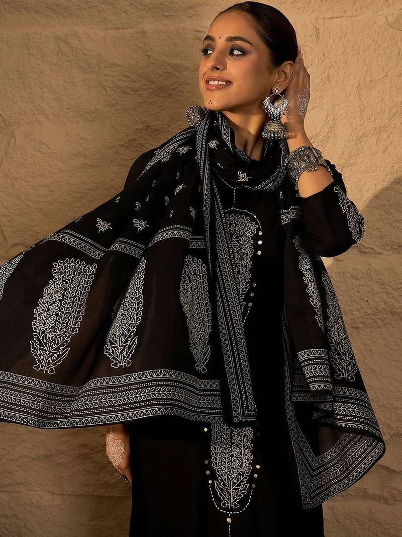 Women Ethnic Motifs Embroidered Cotton Kurta with Trousers & Dupatta