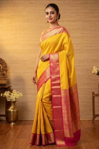 Turmeric yellow and pink soft silk saree with blouse
