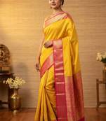 Turmeric yellow and pink soft silk saree with blouse