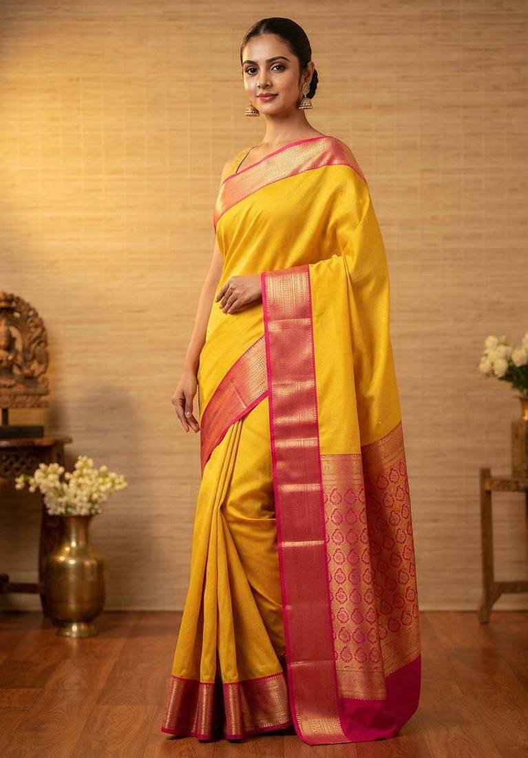 Turmeric yellow and pink soft silk saree with blouse