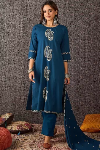 Paisley Printed Round Neck Thread Work Pure Cotton Kurta & Trousers With Dupatta