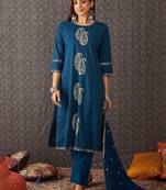 Paisley Printed Round Neck Thread Work Pure Cotton Kurta & Trousers With Dupatta