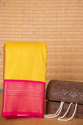 Turmeric yellow and pink soft silk saree with blouse 2
