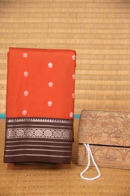 Vermillion orange and brown traditional soft silk saree with blouse 1