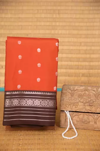 Vermillion orange and brown traditional soft silk saree with blouse