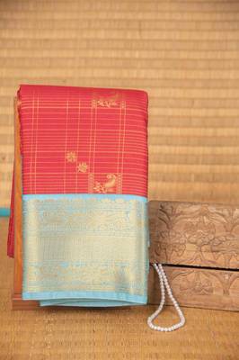Red and babyblue checks soft silk saree with blouse 1