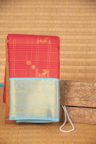 Red and babyblue checks soft silk saree with blouse