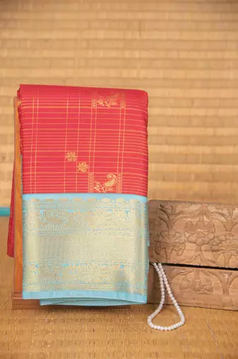 Red and babyblue checks soft silk saree with blouse