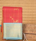 Red and babyblue checks soft silk saree with blouse