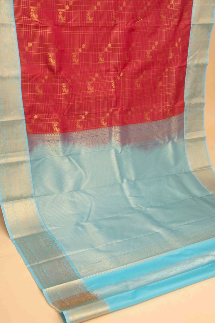 Red and babyblue checks soft silk saree with blouse