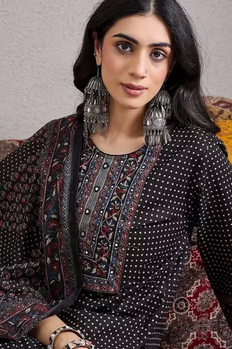 Ethnic Motifs Yoke Design Pure Cotton Straight Kurta & Trousers With Dupatta