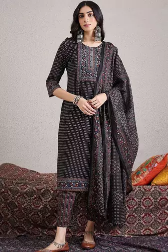 Ethnic Motifs Yoke Design Pure Cotton Straight Kurta & Trousers With Dupatta