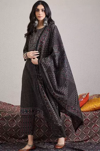 Ethnic Motifs Yoke Design Pure Cotton Straight Kurta & Trousers With Dupatta