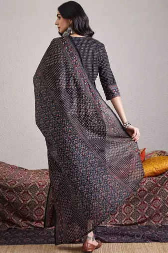 Ethnic Motifs Yoke Design Pure Cotton Straight Kurta & Trousers With Dupatta