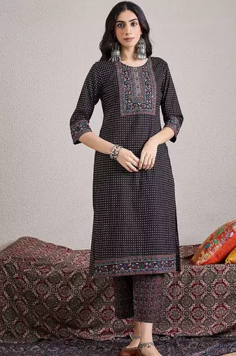 Ethnic Motifs Yoke Design Pure Cotton Straight Kurta & Trousers With Dupatta