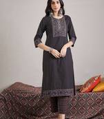 Ethnic Motifs Yoke Design  Cotton Straight Kurta & Trousers With Dupatta