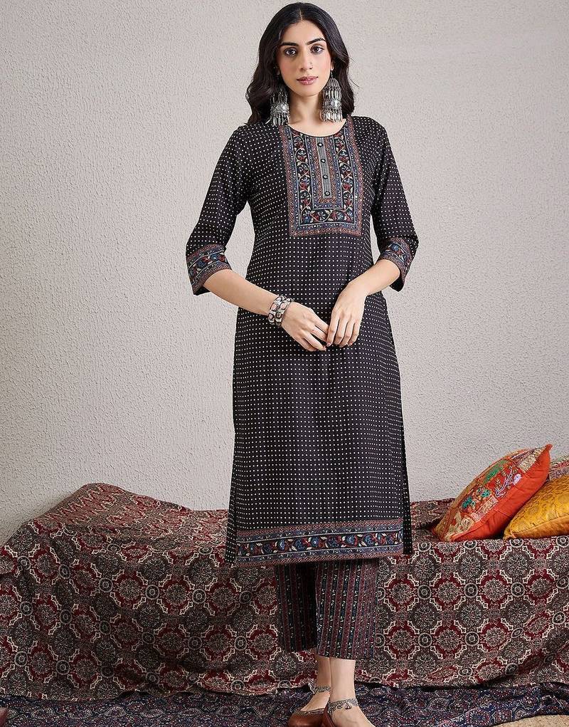 Ethnic Motifs Yoke Design Pure Cotton Straight Kurta & Trousers With Dupatta
