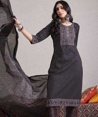Ethnic Motifs Yoke Design  Cotton Straight Kurta & Trousers With Dupatta 6