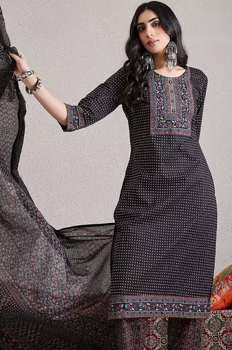 Ethnic Motifs Yoke Design Pure Cotton Straight Kurta & Trousers With Dupatta