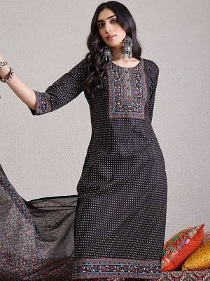 Ethnic Motifs Yoke Design  Cotton Straight Kurta & Trousers With Dupatta 7