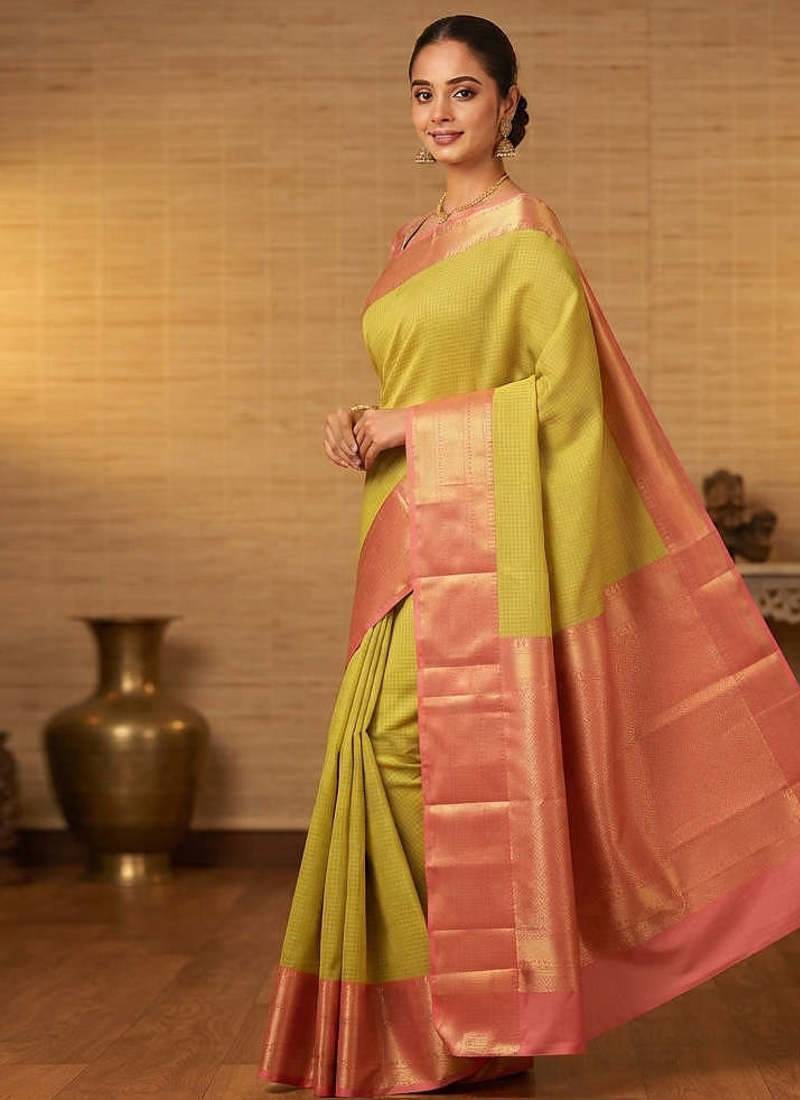 Pastel green and peach touch silk saree with blouse