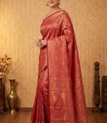 Blood red designer brocade semi silk saree with blouse