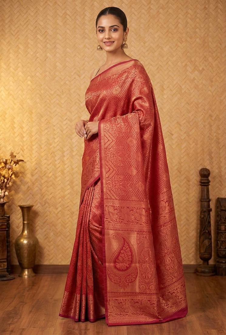 Blood red designer brocade semi silk saree with blouse