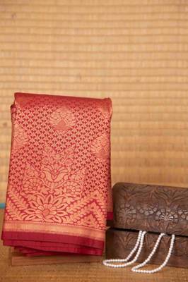 Blood red designer brocade semi silk saree with blouse 2
