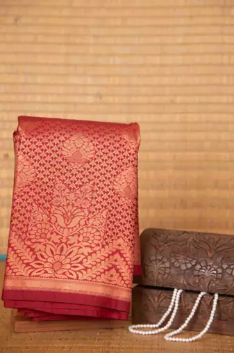 Blood red designer brocade semi silk saree with blouse