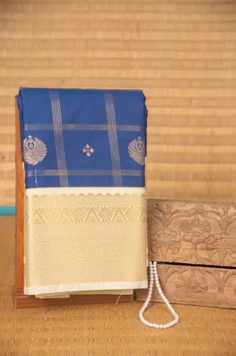 Cobalt blue and cream checked semi silk saree with blouse