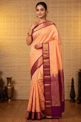 Peach and purple semi silk saree with blouse