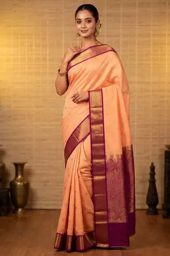 Peach and purple semi silk saree with blouse