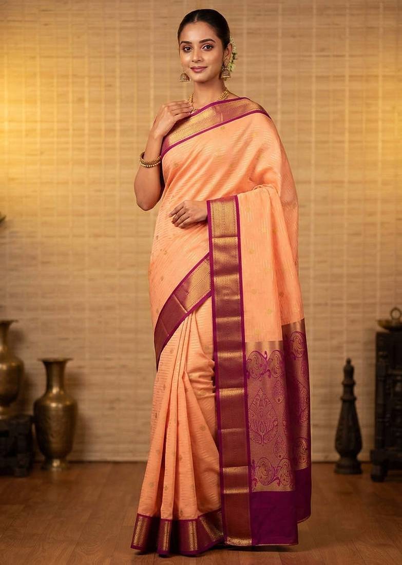 Peach and purple semi silk saree with blouse