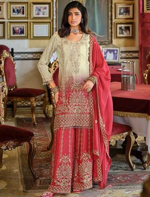 Ethnic Motifs Embroidered Round Neck Straight Kurta With Sharara & Dupatta 1