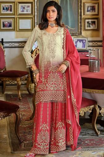 Ethnic Motifs Embroidered Round Neck Straight Kurta With Sharara & Dupatta